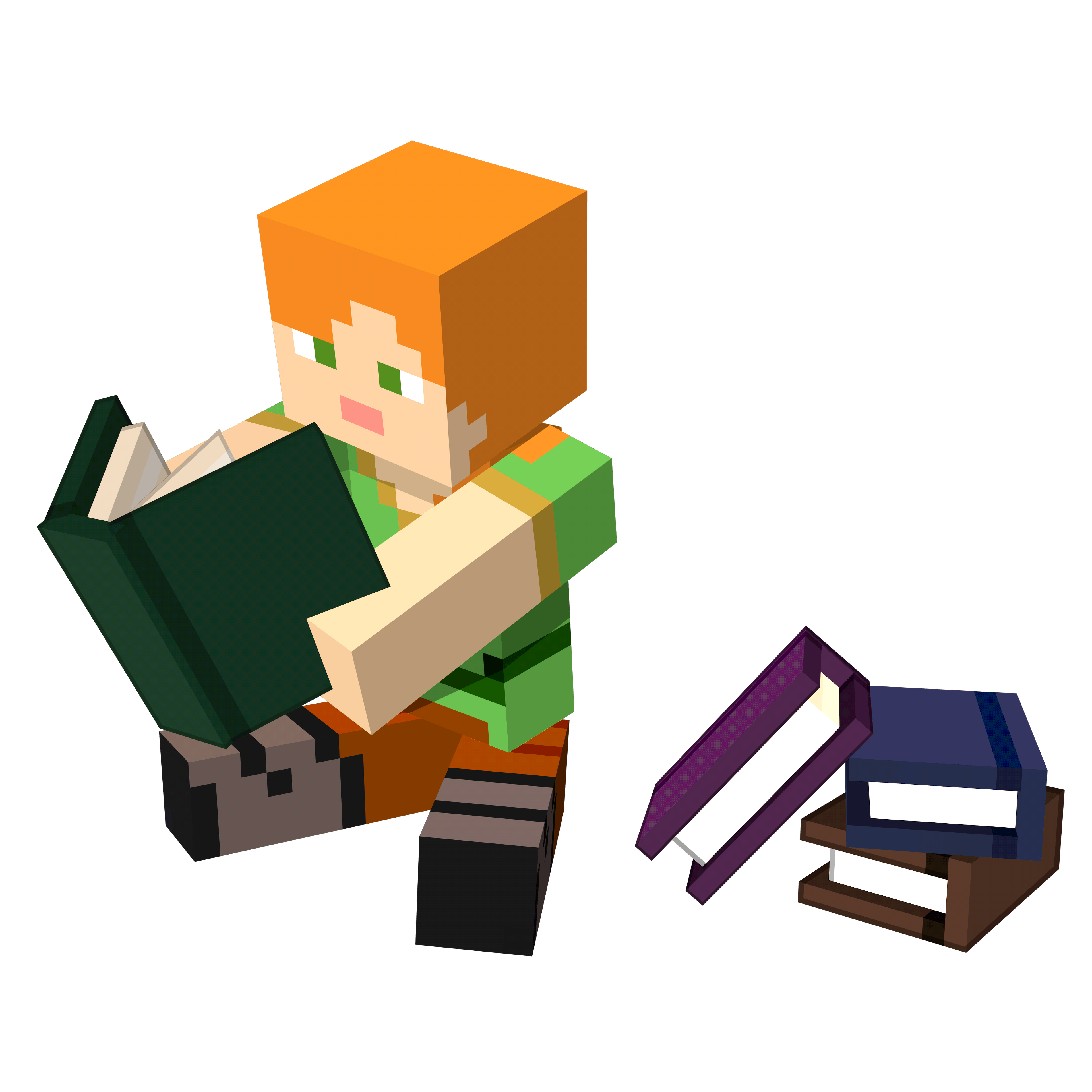 An illustration of a Minecraft character with the default Alex texture sitting and reading a green book, with a pile of 3 other books pile near her