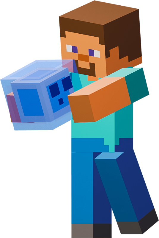 Стив из Minecraft держит в руках кубический логотип JustLauncher