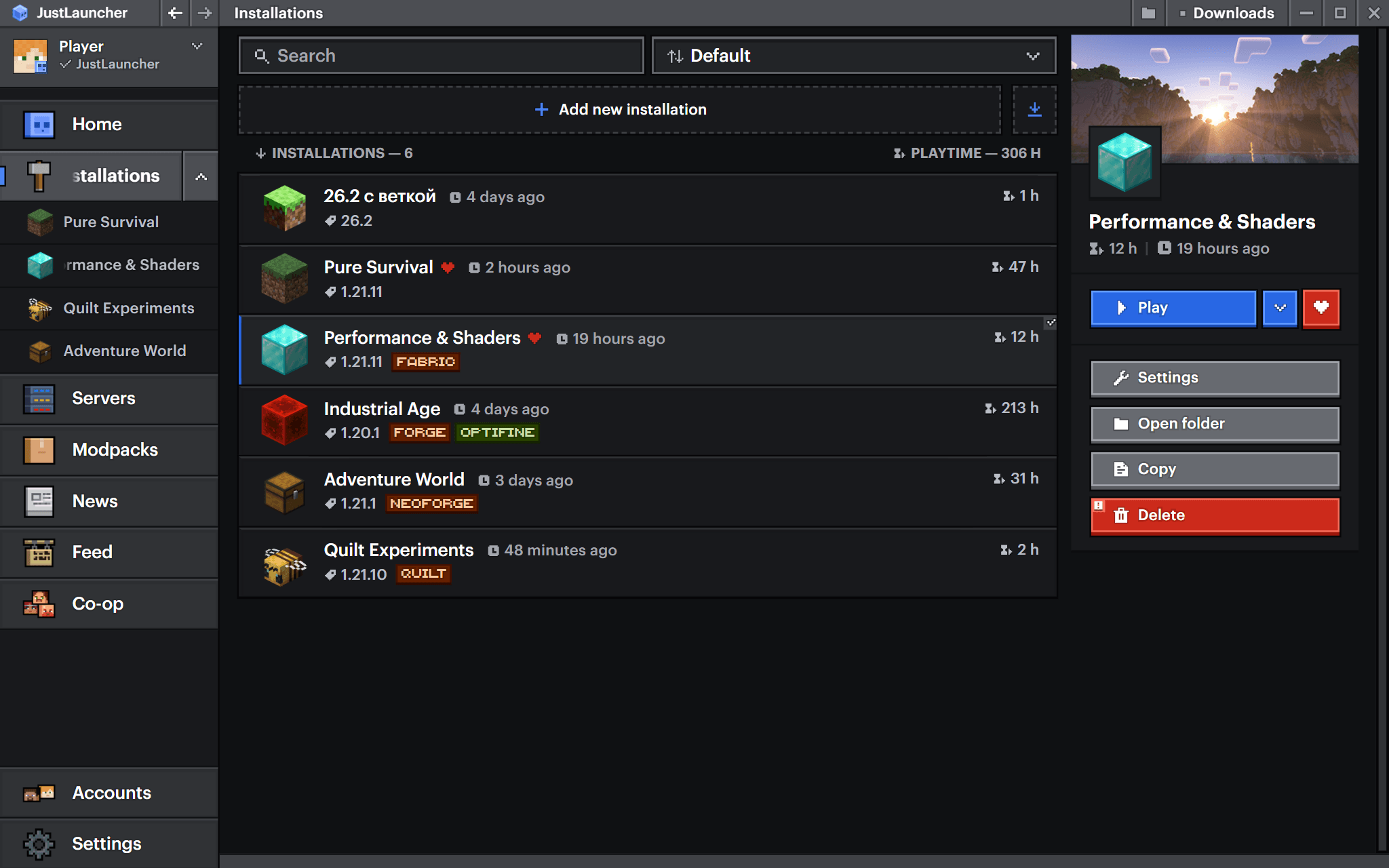 A screenshot of a new launcher titled JustLauncher for a game Minecraft. Pictured is a main screen that contains a list of news articles related to the game