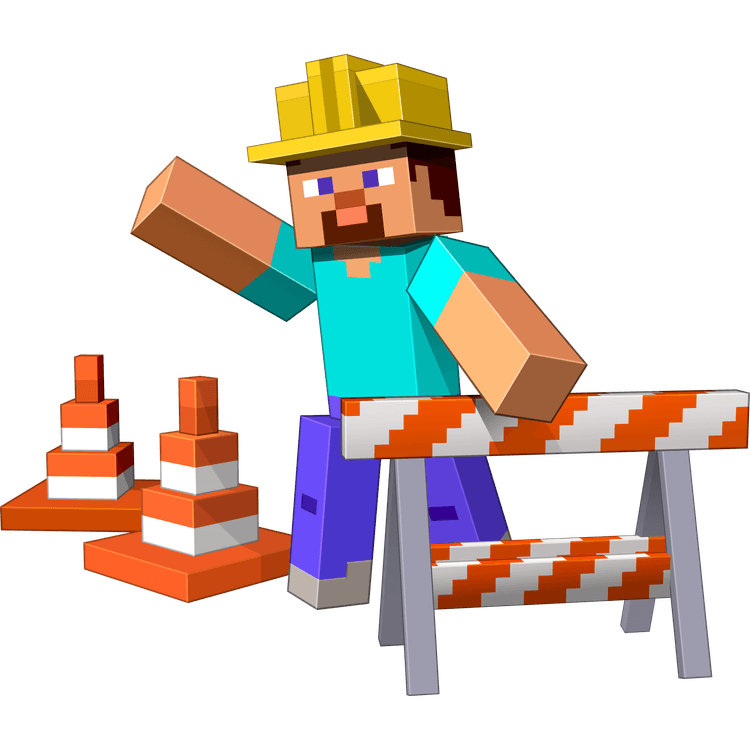 An illustration of a Minecraft character with the default Steve texture waving at the reader, while wearing a construction hat and standing behind an orange road barrier near two traffic cones