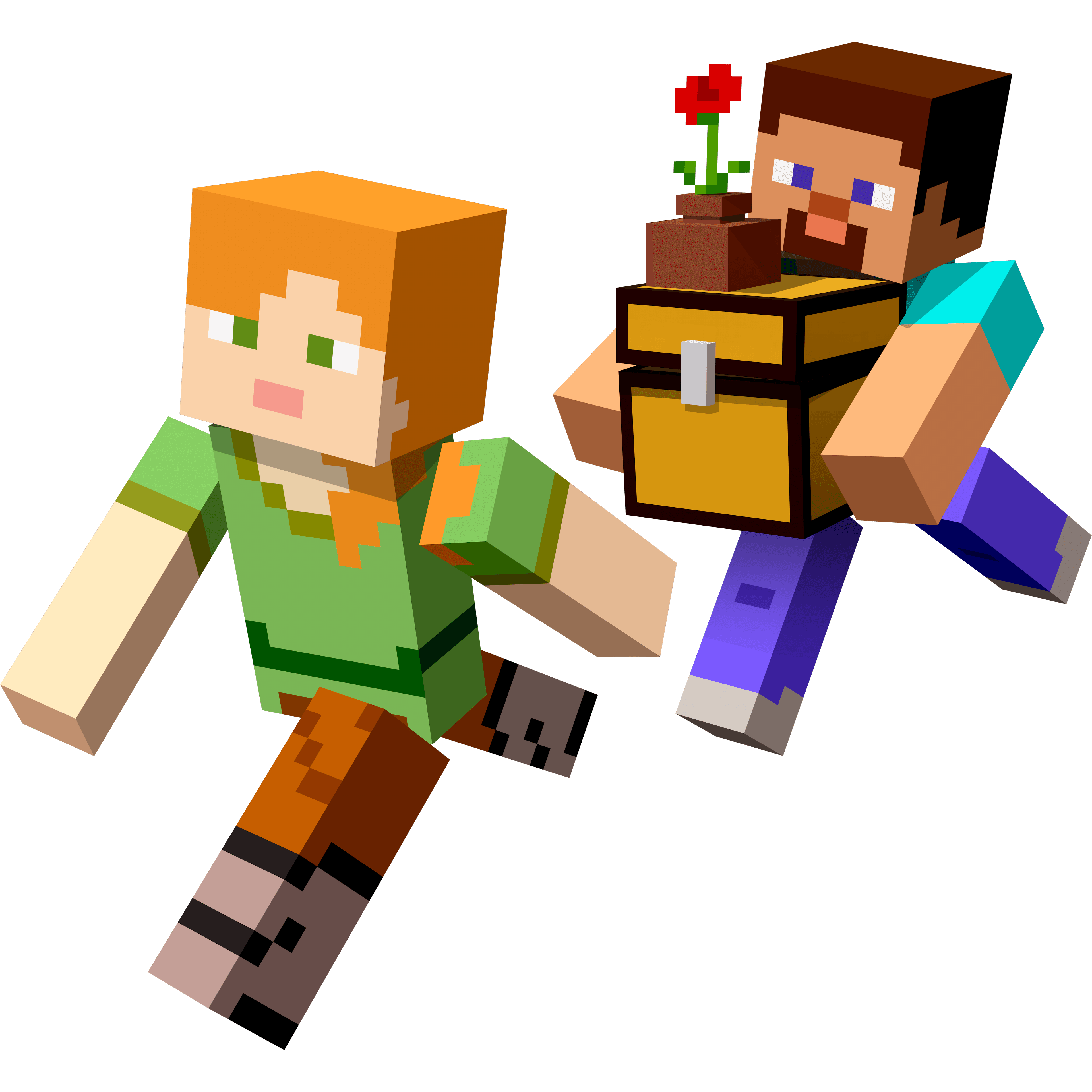 An illustration of two Minecraft characters Alex and Steve with default textures running, with one holding an opened chest with a flower pot on top of it.