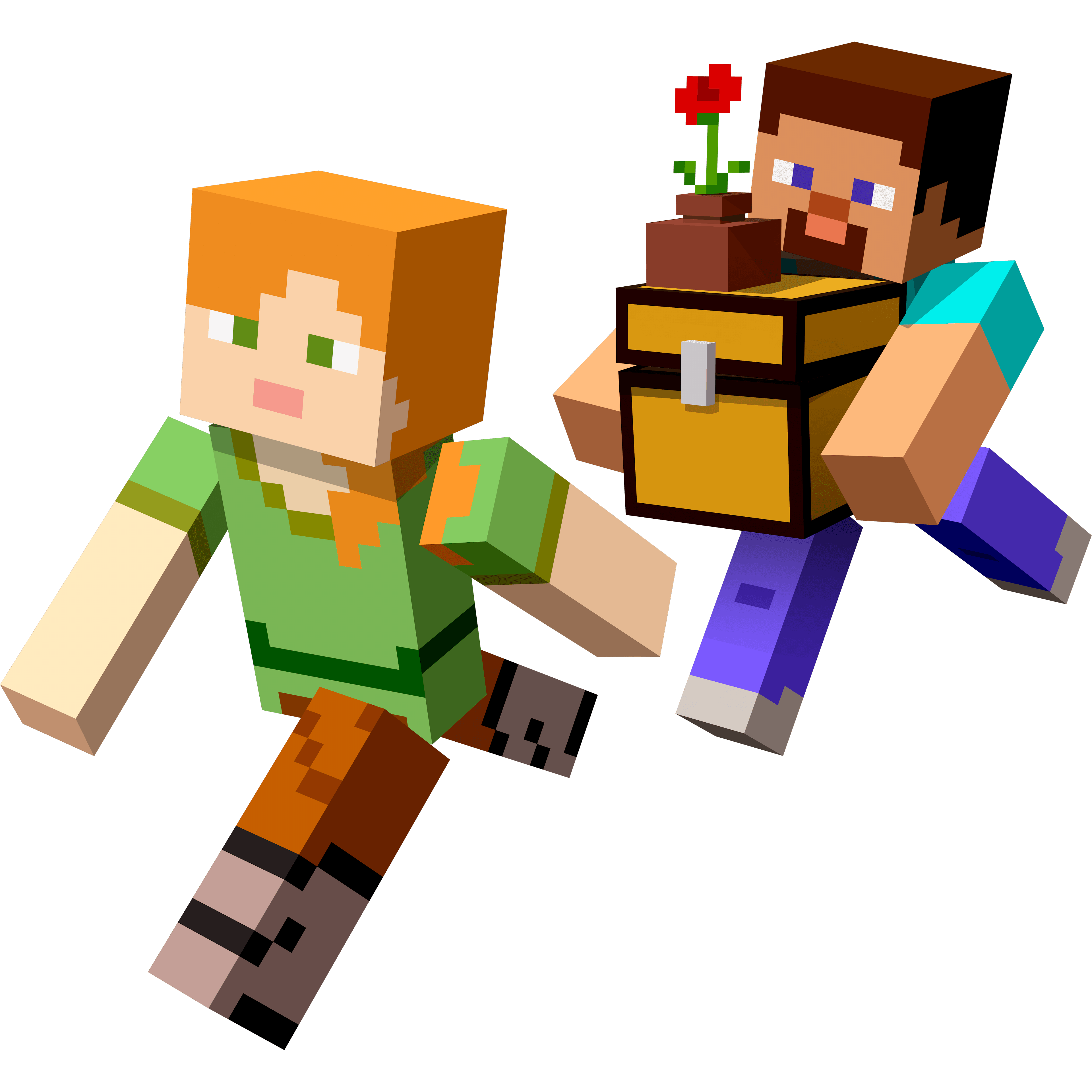 Иллюстрация двух персонажей Minecraft, Алекса и Стива, с текстурами по умолчанию, один из которых держит открытый сундук с цветочным горшком на нем