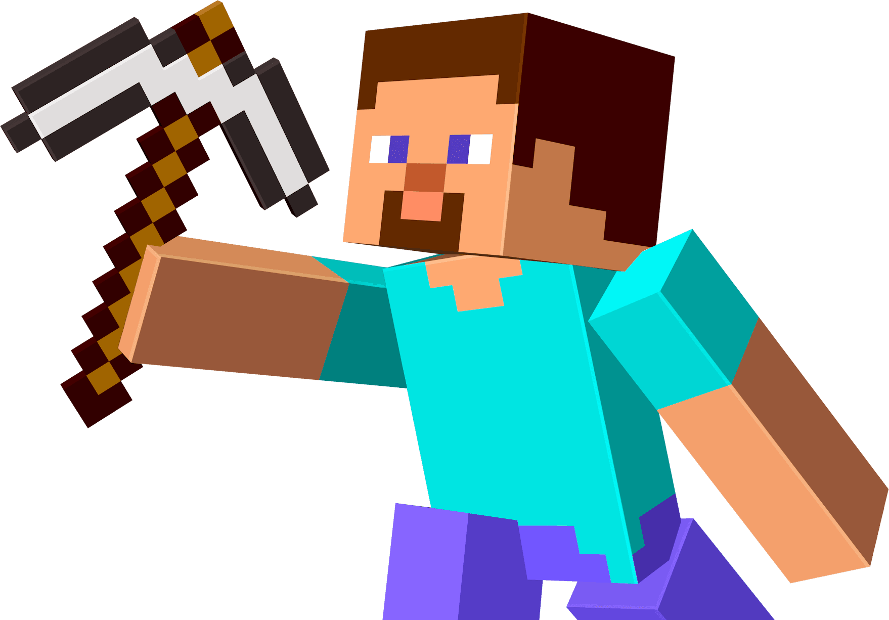 An illustration of a Minecraft character with the default Steve texture holding an iron pickaxe in front of him