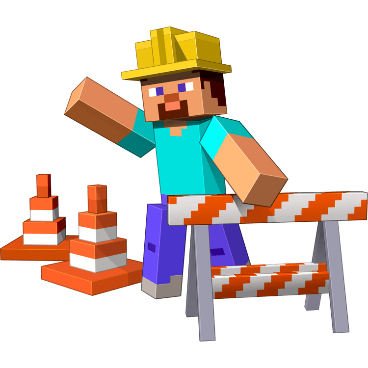 Иллюстрация персонажа Minecraft со стандартной текстурой Стива, машущего читателю, в строительной шляпе и стоящего за оранжевым дорожным барьером рядом с двумя дорожными конусами
